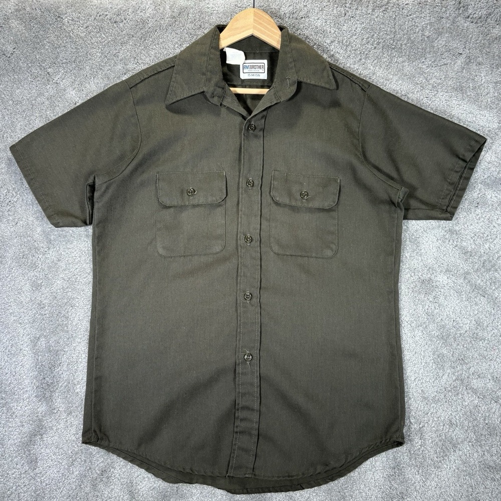 Vintage Five Brother Work Shirt Mens 15 M Olive Green Button Up 80s Made In USA